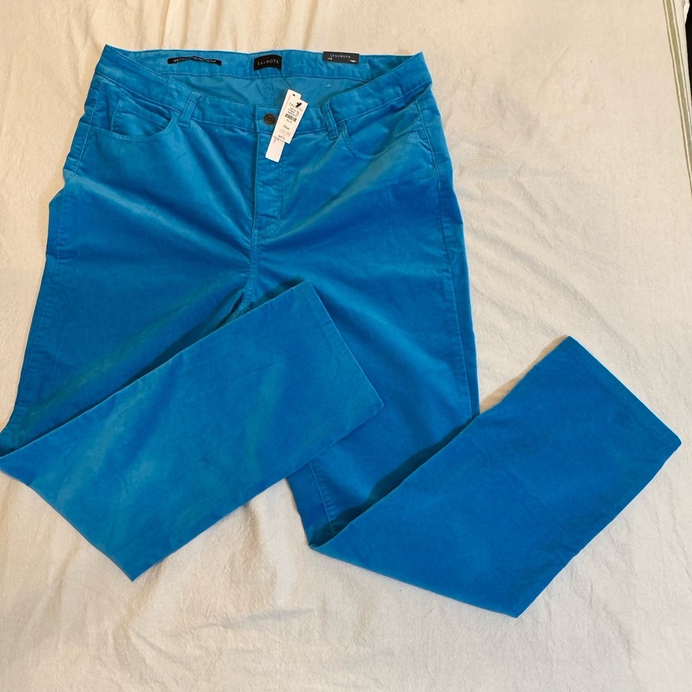 Talbots Velveteen Straight Leg Pants 14W NWT Turquoise Blue Velvet High Rise